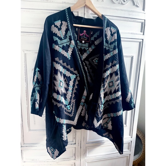 NWOT Johnny Was Linen Embroidered Aztec Kimono Black, Tan & Aqua - Picture 2 of 15